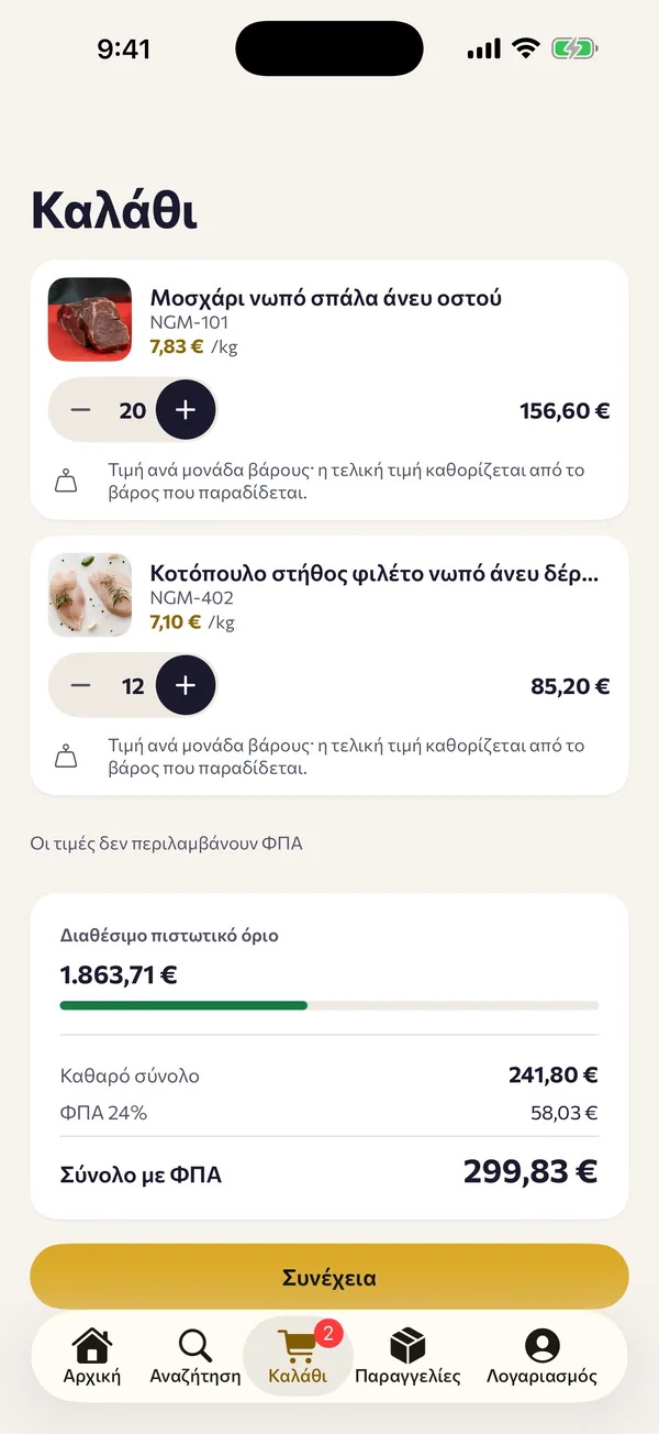 Το καλάθι με τα σύνολα και το διαθέσιμο πιστωτικό όριο